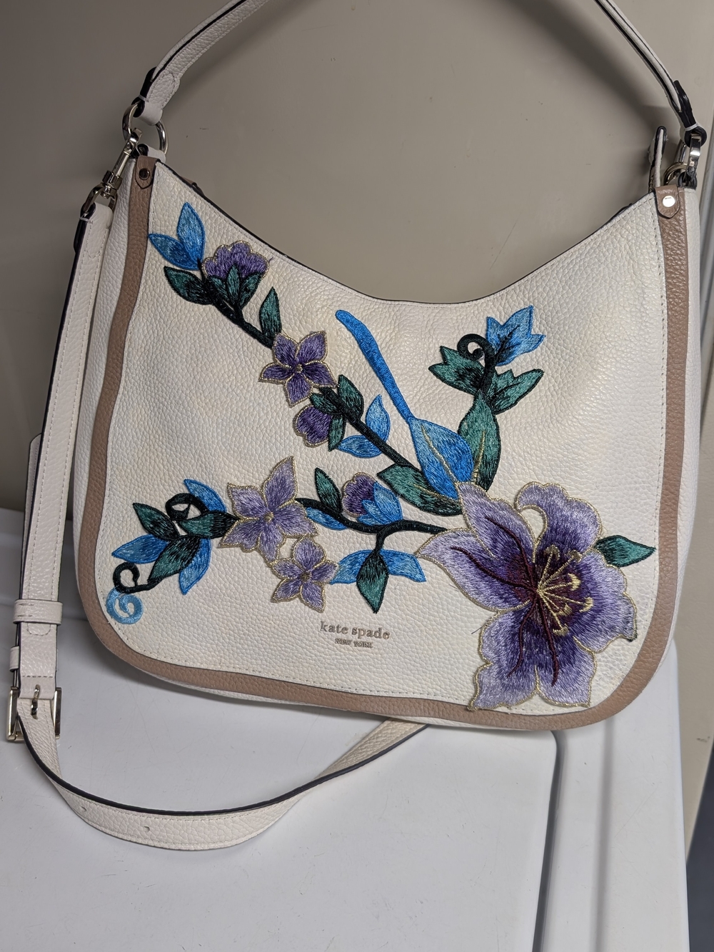 Kate Spade New York Floral Embroidered Shoulder Bag White & Purple